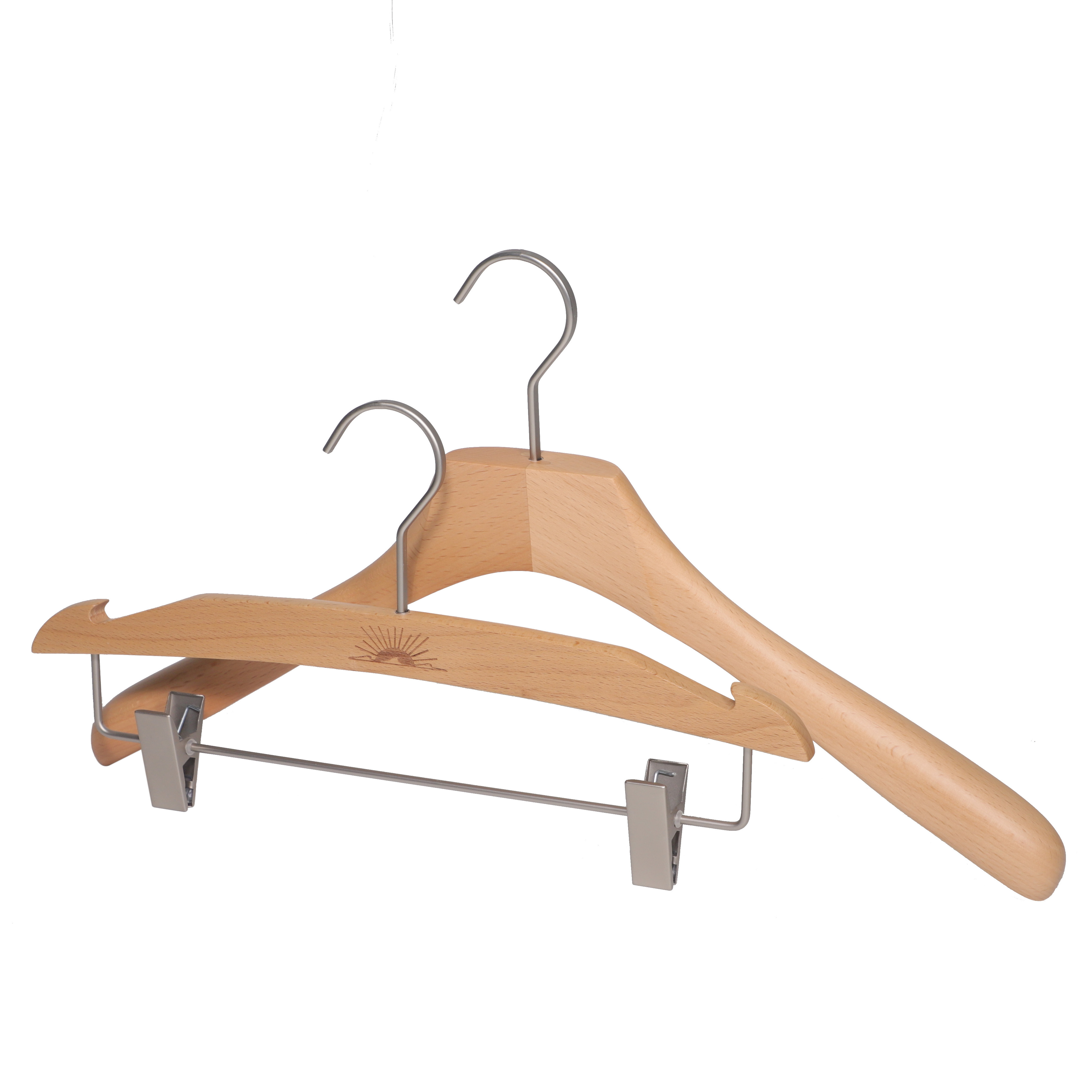 2023 hot sale save place cheap wooden clothes hanger bottom hanger with clips durable natural wood hanger with customized logo