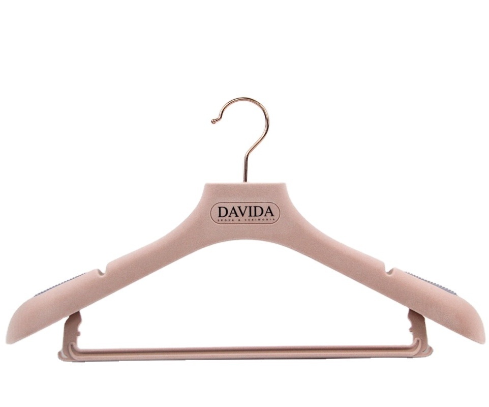 YT 2020 wholesale customized pink velvet flocked anti-slip plastic dress coat clothes hanger with trousers bar