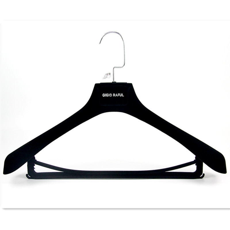 high quality wide shoulder plastic flocking velvet  coat jacket hanger suit  hanger for clothes with pant trouser cross-bar