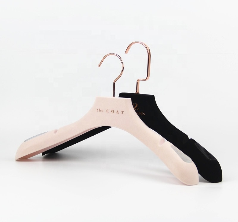 Pink flocking plastic clothes hanger luxury brand velvet coat hanger for clothing