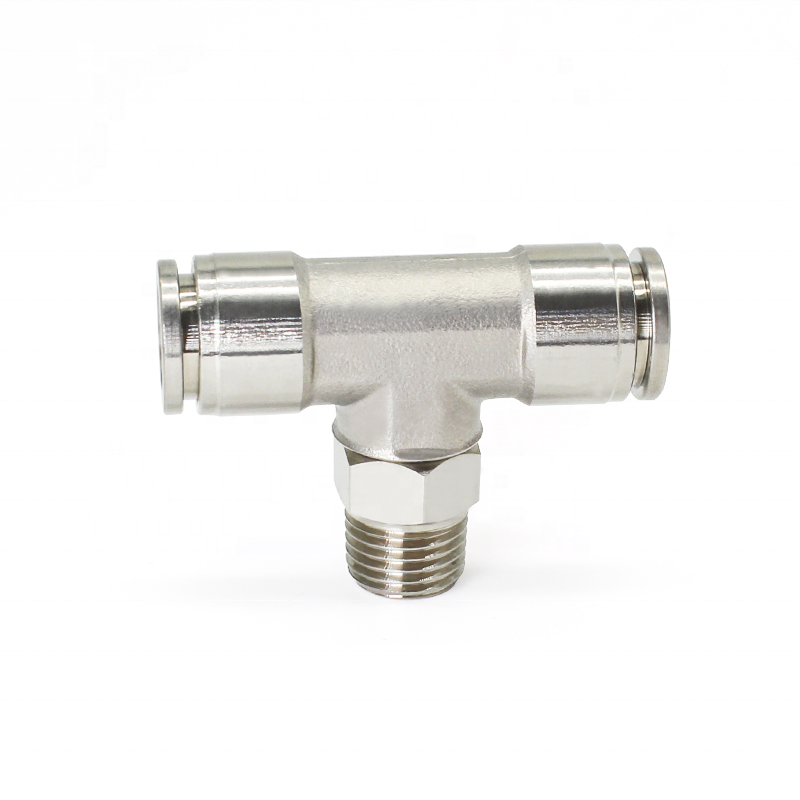 304 stainless steel metal T-type external thread joint one key push in connecting pipe fittings pneumatic quick coupling