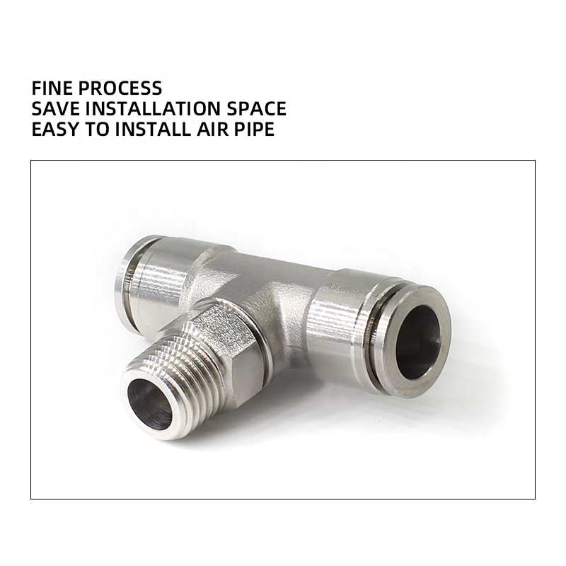 304 stainless steel metal T-type external thread joint one key push in connecting pipe fittings pneumatic quick coupling