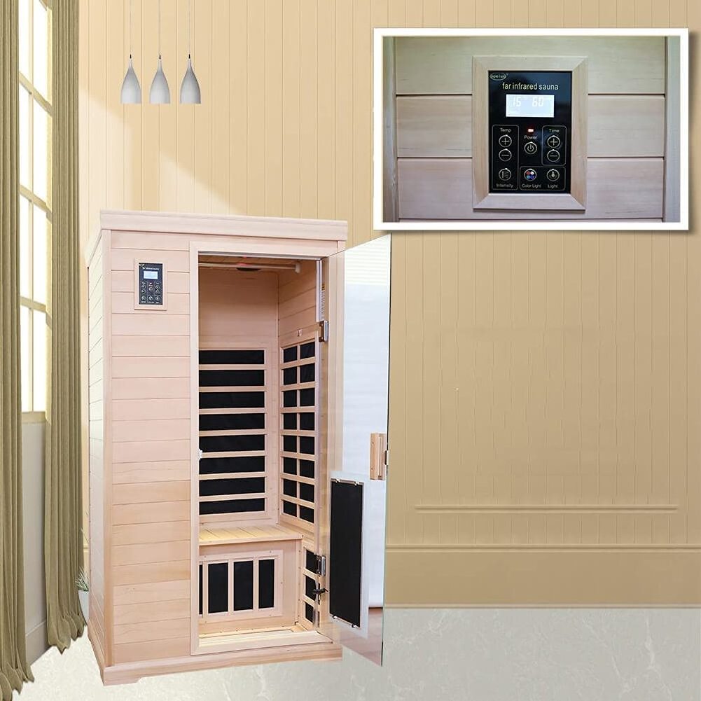 Infrared Wooden Sauna Room 2-Person Size 1750W 9 Heating Plates 10 Min Pre-Warm up Time and Temperature Pre-Set Control