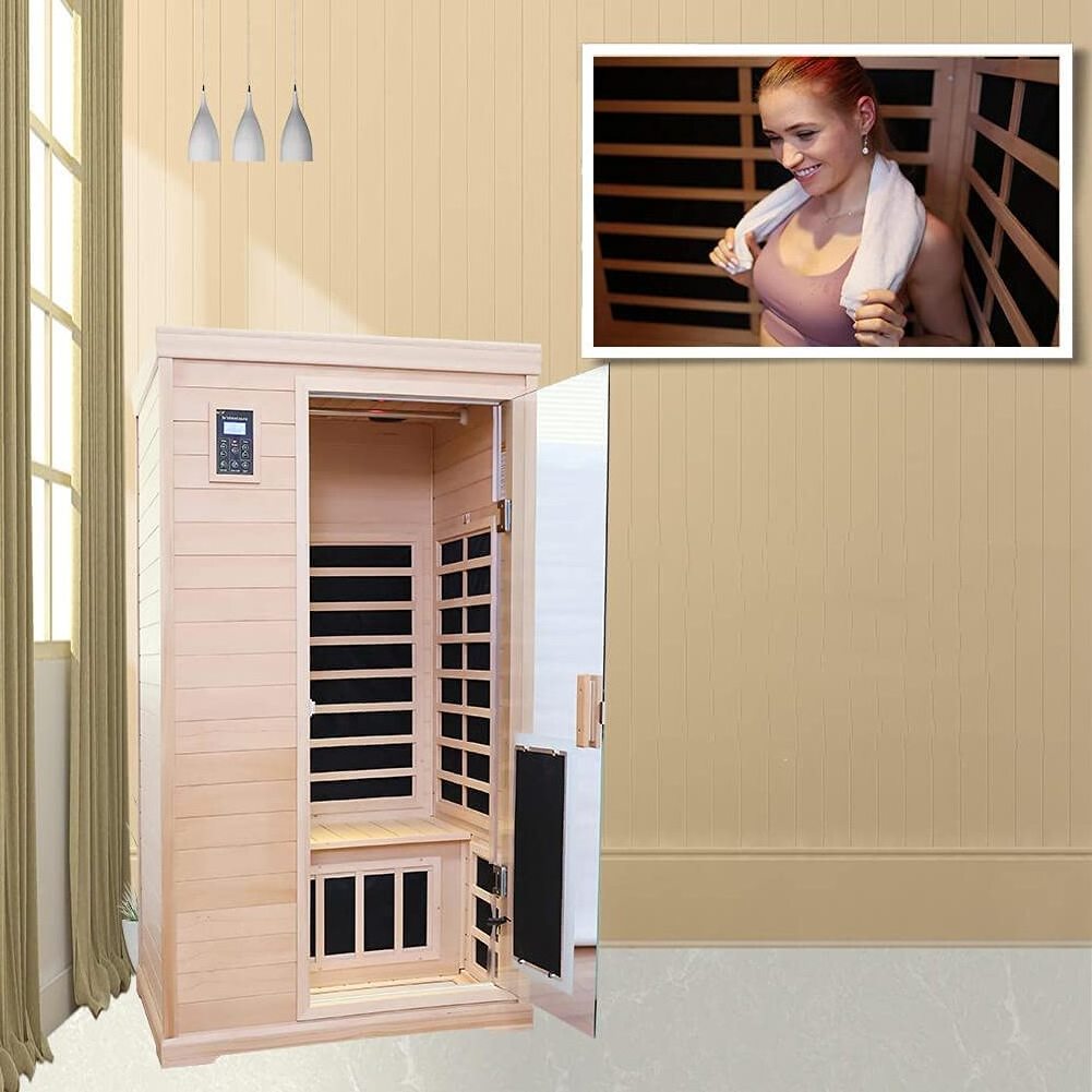 Infrared Wooden Sauna Room 2-Person Size 1750W 9 Heating Plates 10 Min Pre-Warm up Time and Temperature Pre-Set Control