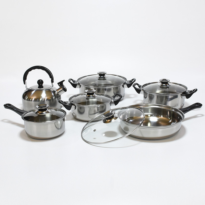 Factory outlet low price stainless steel 12pcs  cookware set with kettle fry pan