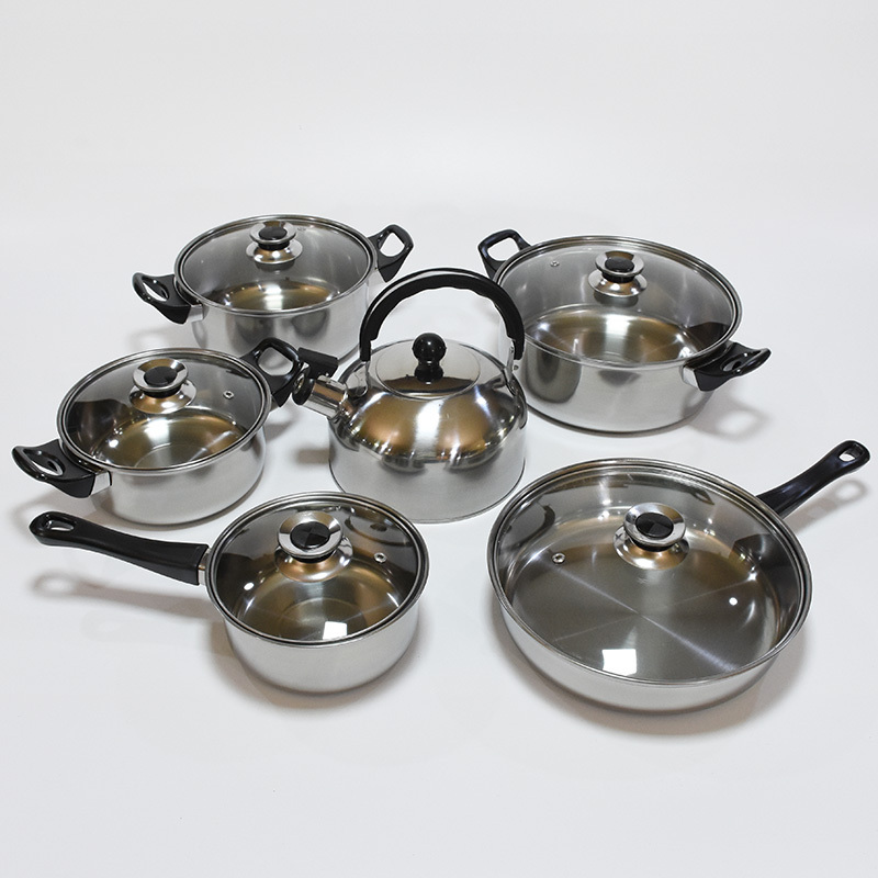 Low price pots and pans set 12pcs stainless steel cookware set with whistling kettle