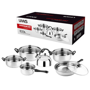 Low price pots and pans set 12pcs stainless steel cookware set with whistling kettle