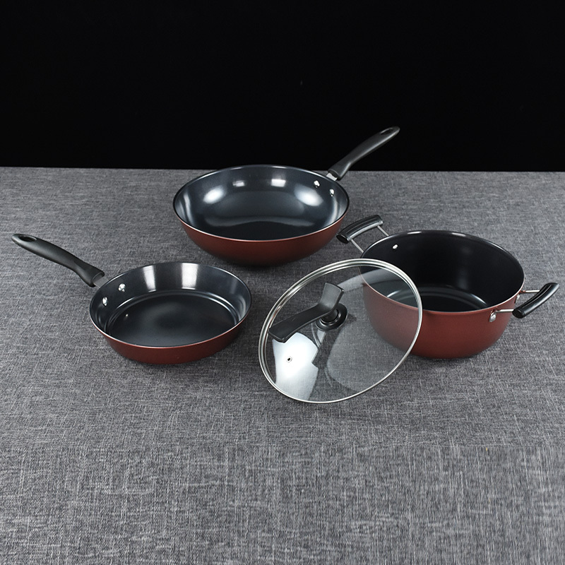 Custom Logo Non-Stick Cookware Set Kitchen Pan and Pots with Bakelite Handles Steel Iron Glass Metal Materials