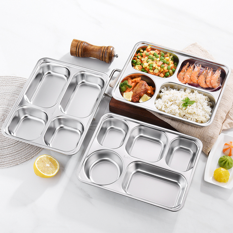 Large supply 304 stainless steel fast food plate 5 compartment tray dinner plate