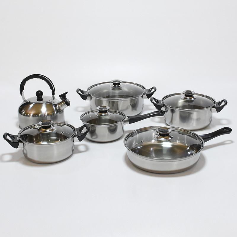 Factory outlet low price stainless steel 12pcs  cookware set with kettle fry pan