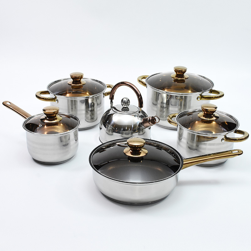 Custom logo european kitchen ware stainless steel 12pcs cookware set with kettle