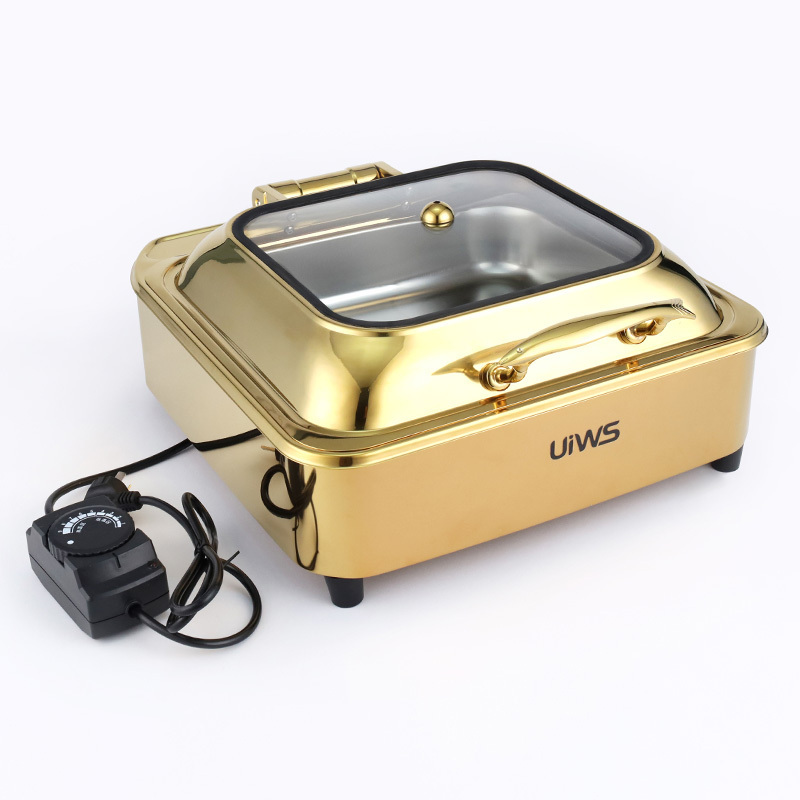 Modern 6L Stainless Steel Buffet Food Warmer Silvery/Gold Electric Chafing Dish for Hotels Restaurants Glass Kitchen Equipment