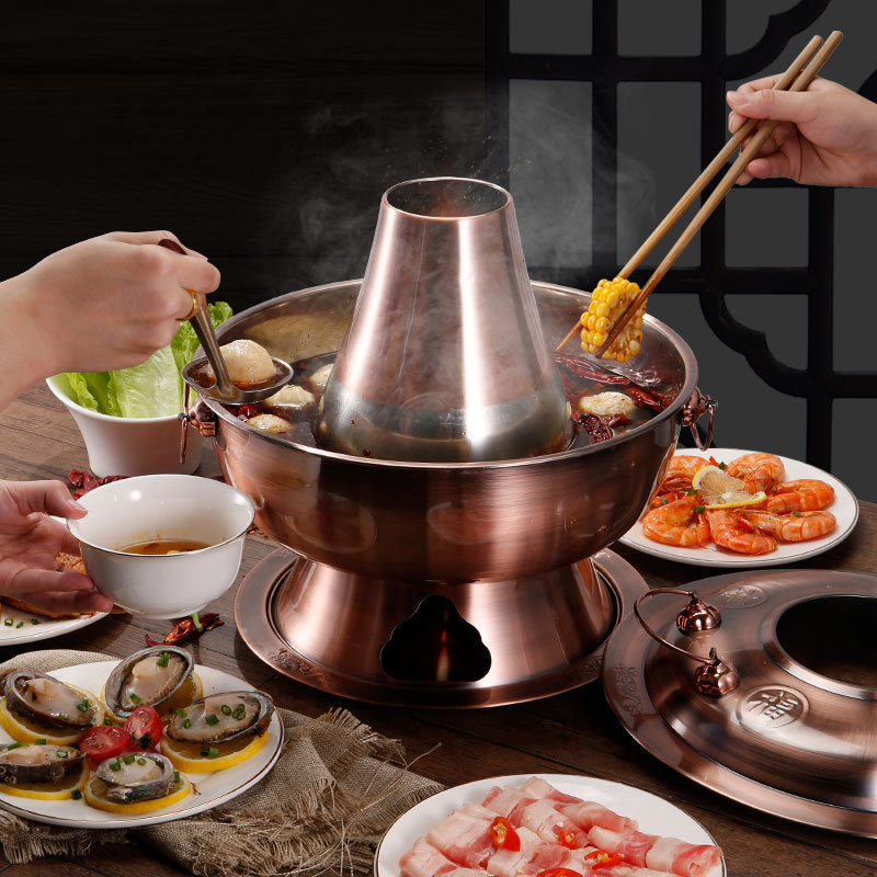 Luxury chinese style stainless steel charcoal hot pot 28/32/34/36 cooking copper thai shabu shabu hot pot cooker