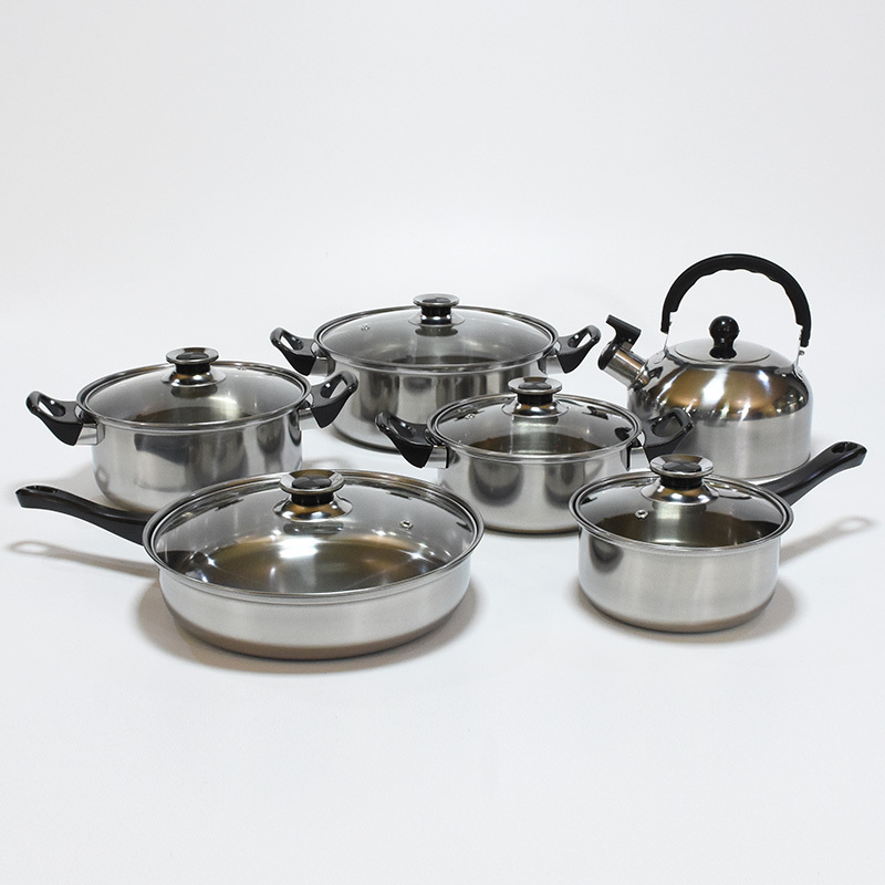 Factory outlet low price stainless steel 12pcs  cookware set with kettle fry pan