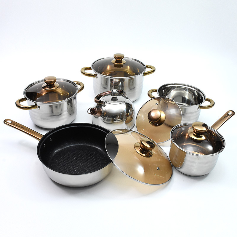 Custom logo european kitchen ware stainless steel 12pcs cookware set with kettle