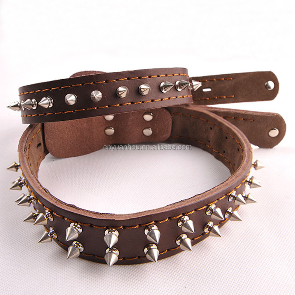 Medium Large Breeds Pitbull Mastiff Boxer Bully Dog Necklace , Cool Sharp Spiked Studded Genuine Leather Dog Collars