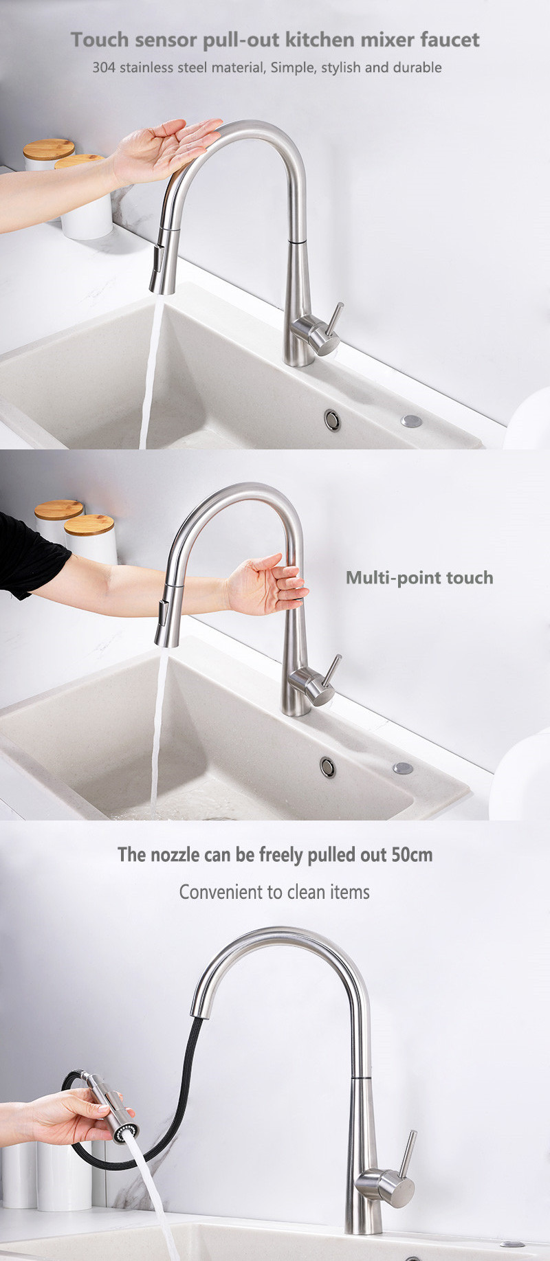 Wholesale Brushed White Black Gold 304 Stainless Steel Pull Out Smart Sensor Touch Kitchen Mixer Sink Faucet