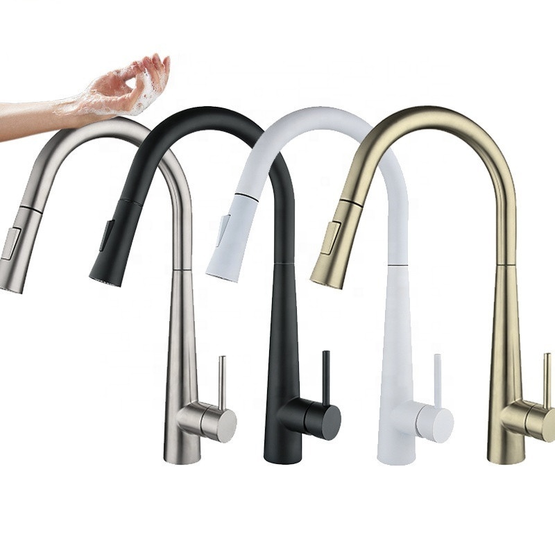 Wholesale Brushed White Black Gold 304 Stainless Steel Pull Out Smart Sensor Touch Kitchen Mixer Sink Faucet