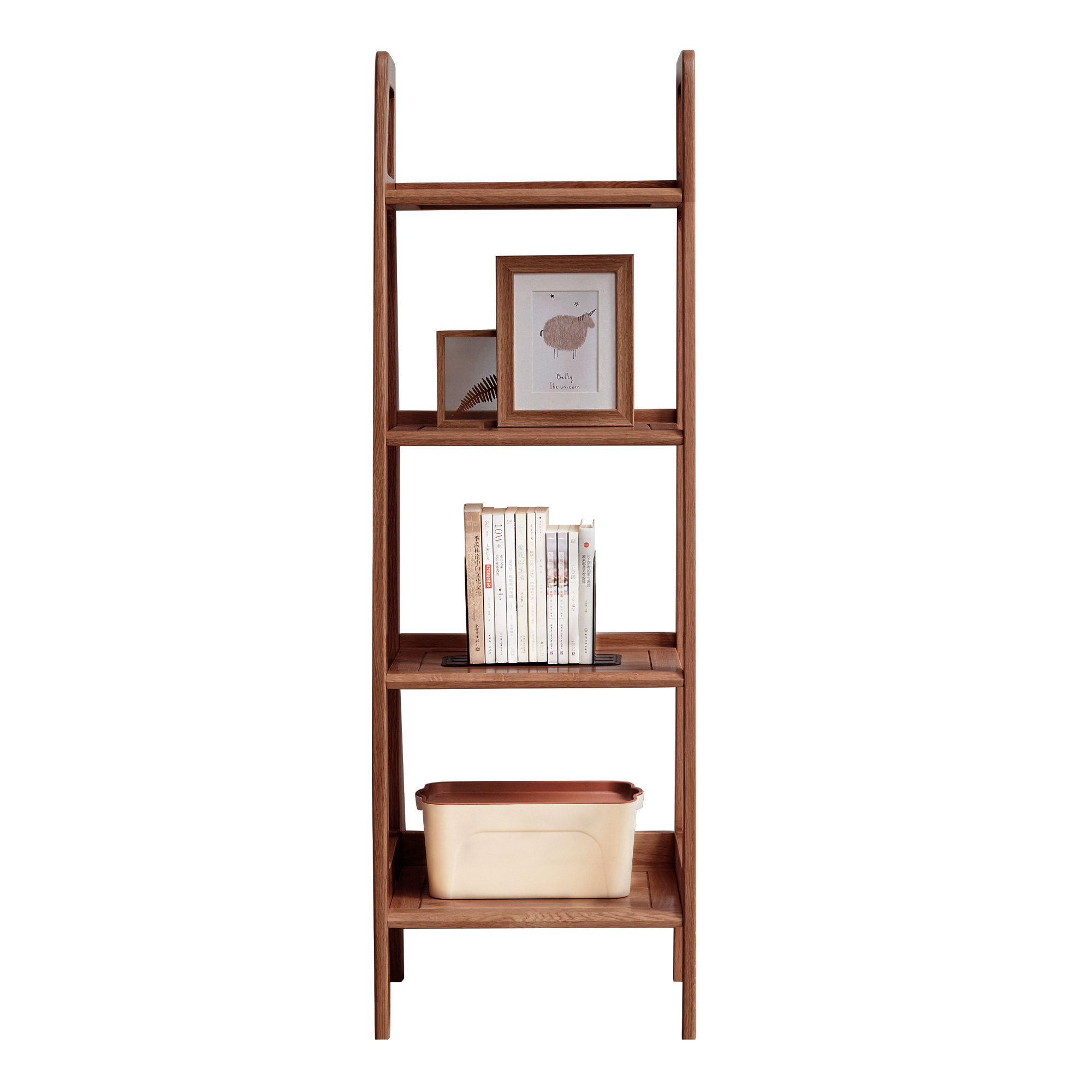 Home Office Modern Design 4 Tier Solid Wooden Book shelf Ladder Shape Natural Oak Wood Bookcase