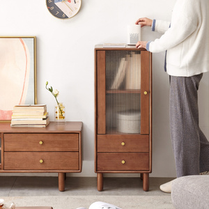 Luxury Traditional Double Drawers Filing Cabinets Natural Solid Wood Storage And Kitchen Furniture Cabinet With Grey Glass