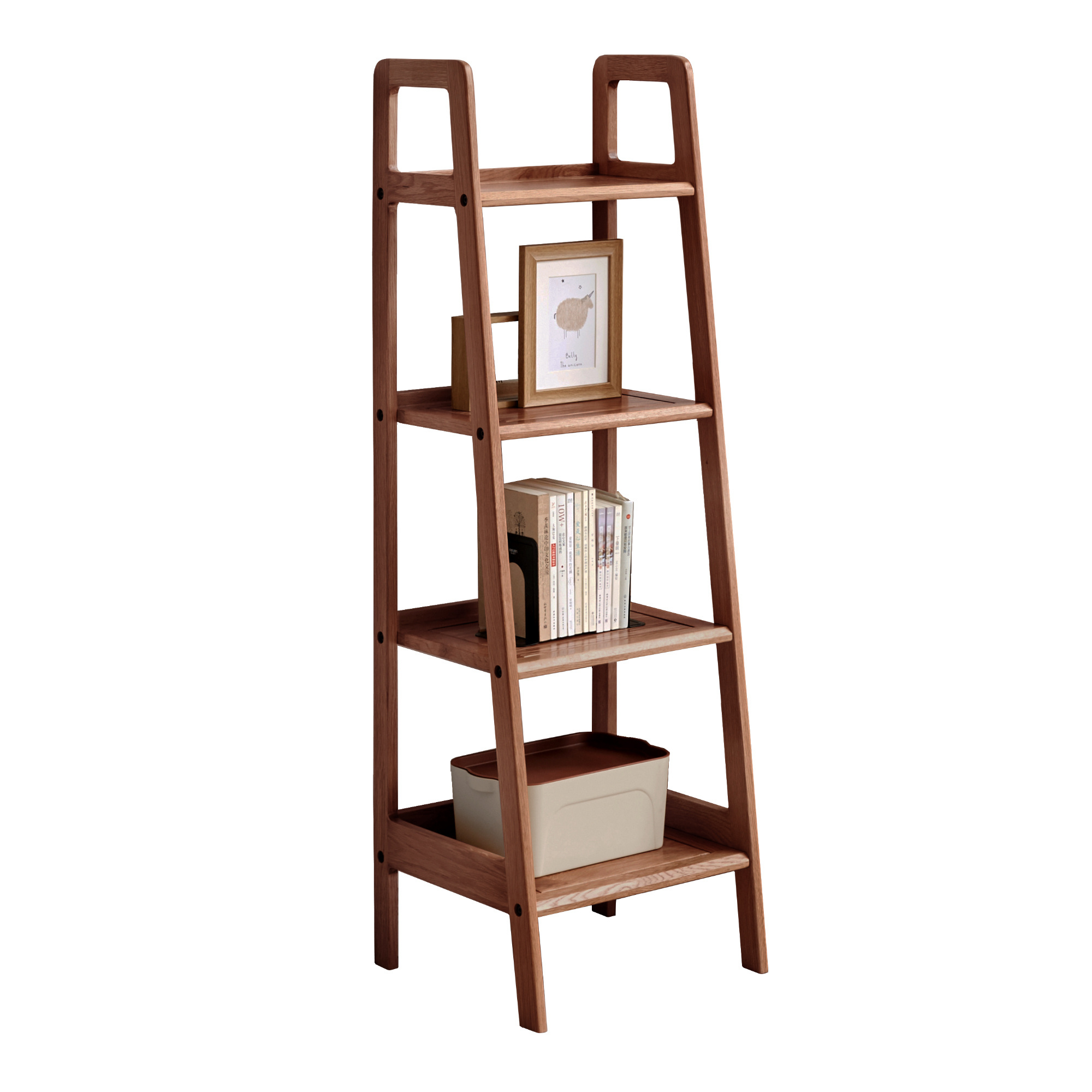 Home Office Modern Design 4 Tier Solid Wooden Book shelf Ladder Shape Natural Oak Wood Bookcase