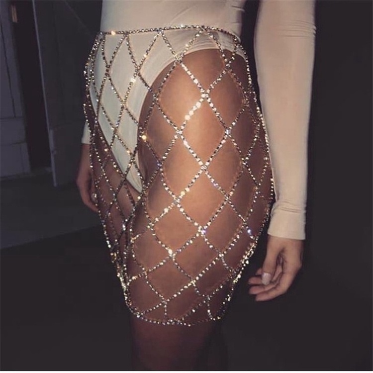 Fashionable fishnet body chain nightclub sexy rhinestone skirt adjustable waist chain women