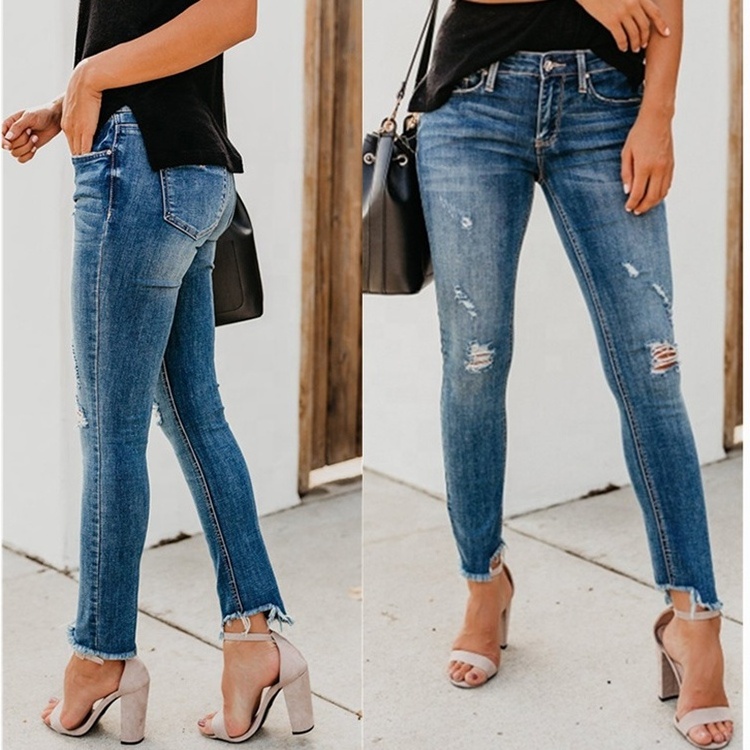 Newest Hot High Waist Stretch Ripped Distressed Skinny Trousers Shredded Women Jeans Denim Pants Tight Sex Skinny Jeans Blue