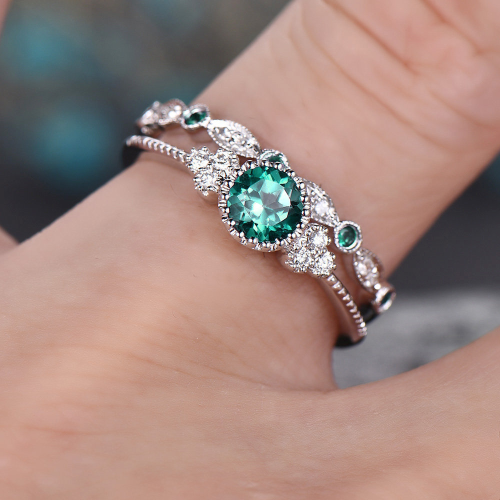 2Pcs/Set Classic Silver Plated Ring Green Blue Round Cut Birthstone Ring for Women Delicate Jewelry