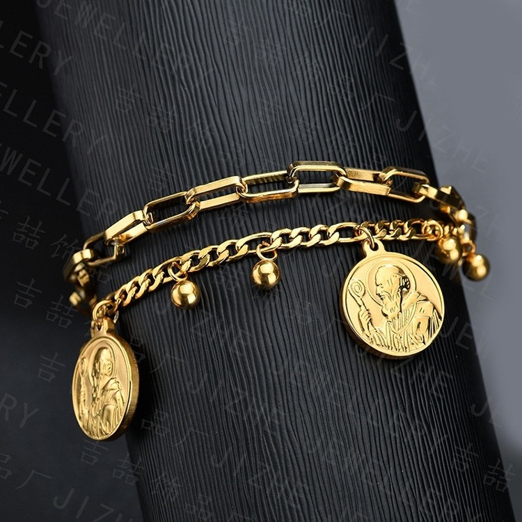 Classic coin pharaoh bracelet gold double layers stainless steel link&chain bracelet