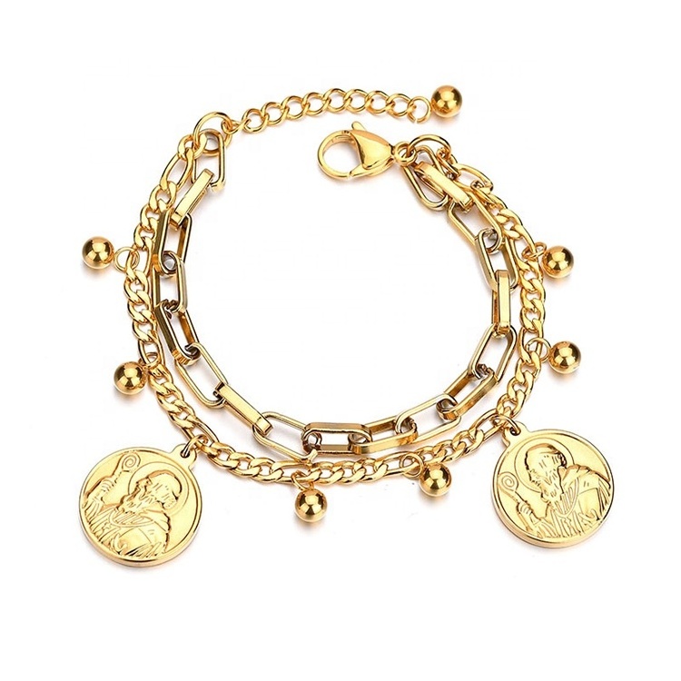 Classic coin pharaoh bracelet gold double layers stainless steel link&chain bracelet