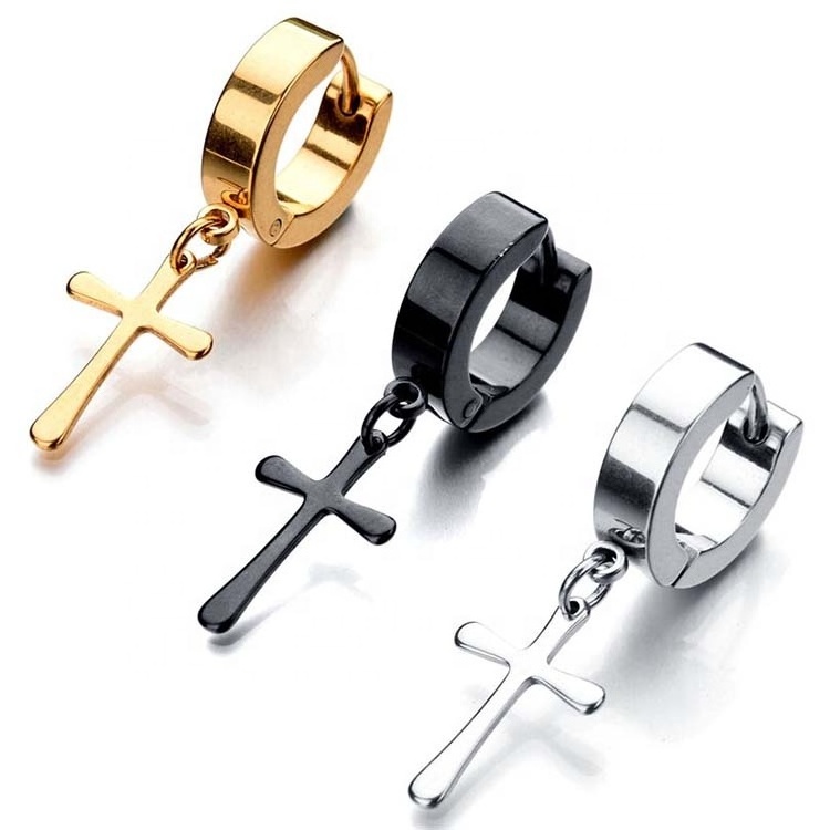 Single piece men punk gold plated earrings dangle cross earrings for women stainless steel