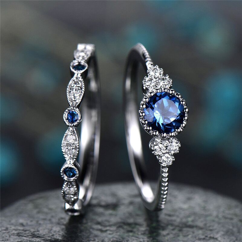 2Pcs/Set Classic Silver Plated Ring Green Blue Round Cut Birthstone Ring for Women Delicate Jewelry