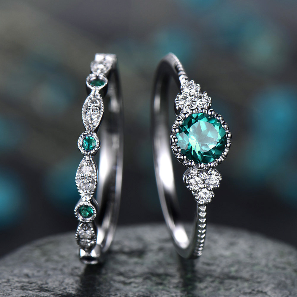 2Pcs/Set Classic Silver Plated Ring Green Blue Round Cut Birthstone Ring for Women Delicate Jewelry