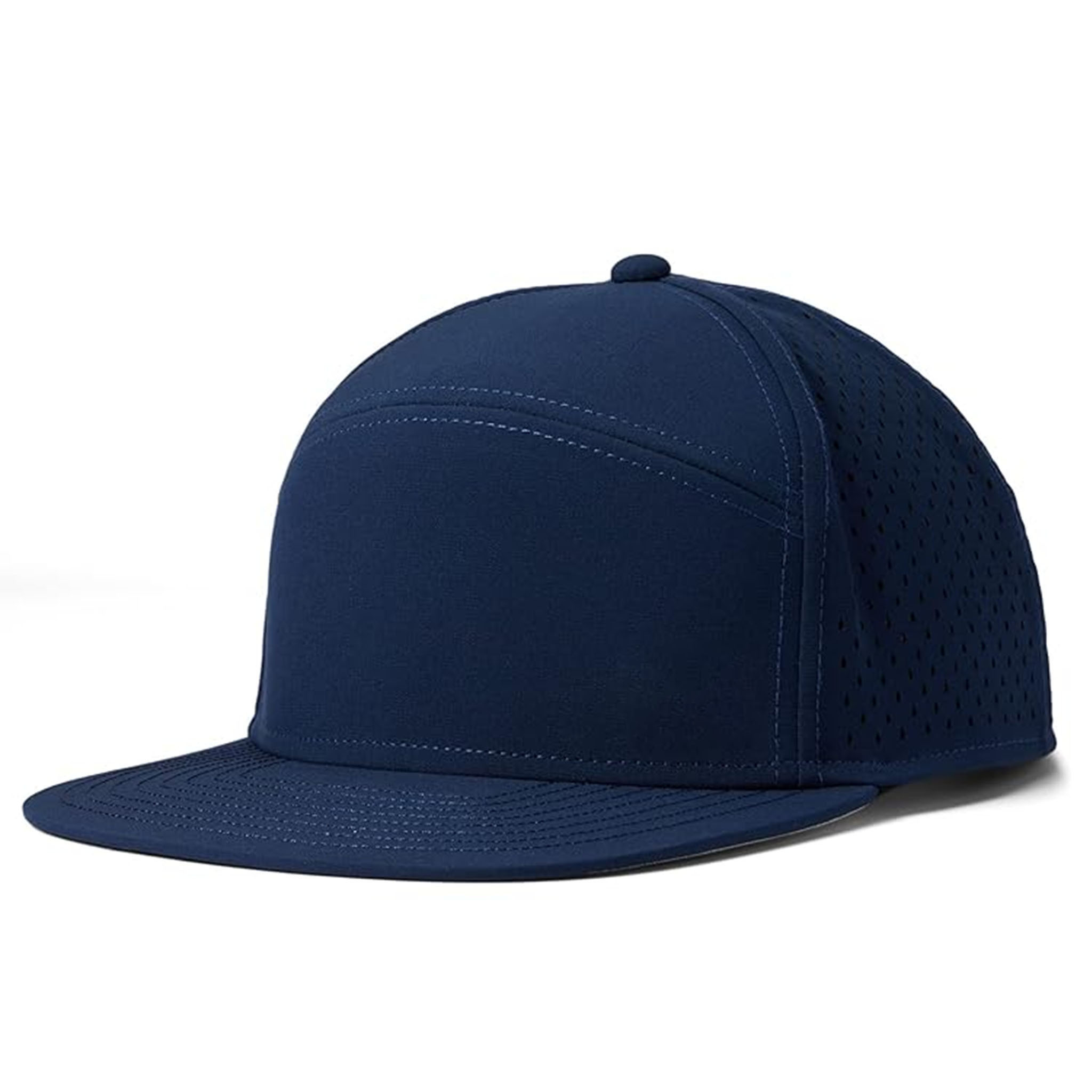 custom 6 panel Navy cap pvc patch men flat brim hydro laser cut Hole hat navy blue water proof golf Performance stacked hat