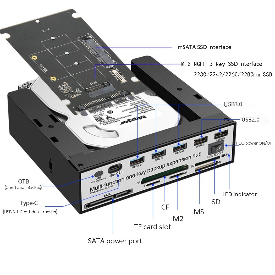 Multifunctional  5.25 To 2.5 Hdd Bay All In 1 Card Reader Type C Usb3.1 Hdd Mobile Rack