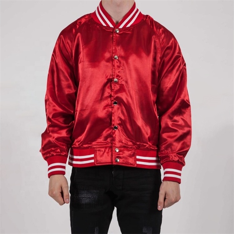 Custom Nylon Satin Bomber Varsity Jacket Embroidered Red Lettermen Jacket For Men