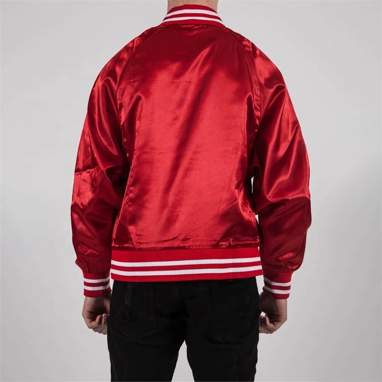 Custom Nylon Satin Bomber Varsity Jacket Embroidered Red Lettermen Jacket For Men