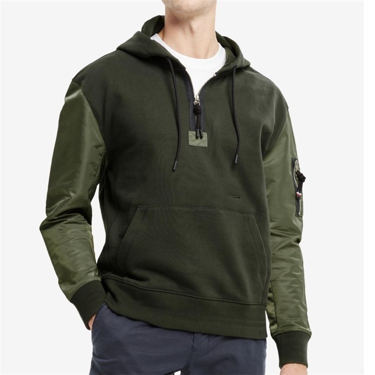 Custom OEM men half zip long different color sleeves pullover hoodie with arm pocket