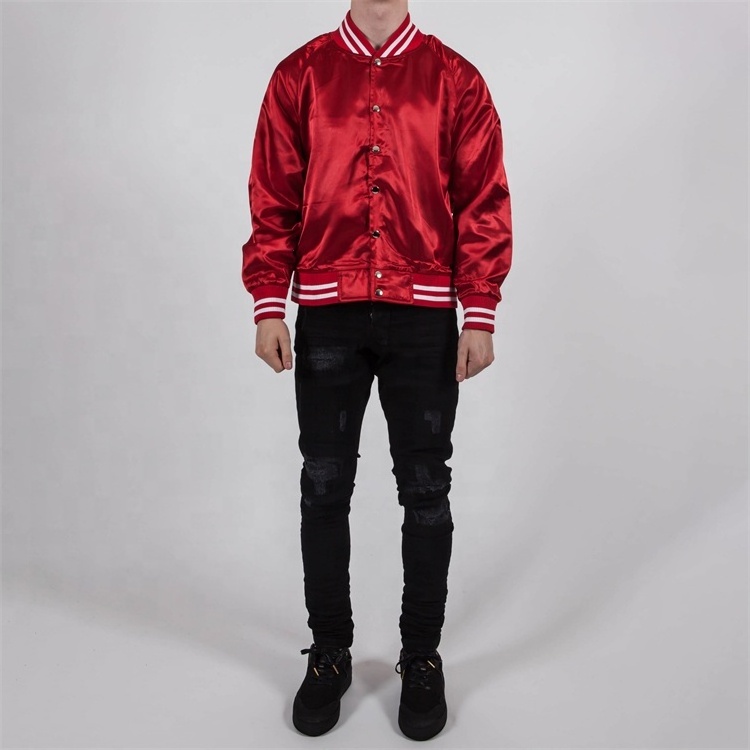 Custom Nylon Satin Bomber Varsity Jacket Embroidered Red Lettermen Jacket For Men