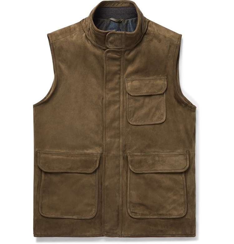 Custom men checked wool suede gilet vest with multi pockets