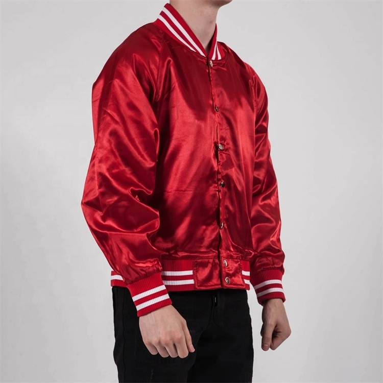 Custom Nylon Satin Bomber Varsity Jacket Embroidered Red Lettermen Jacket For Men