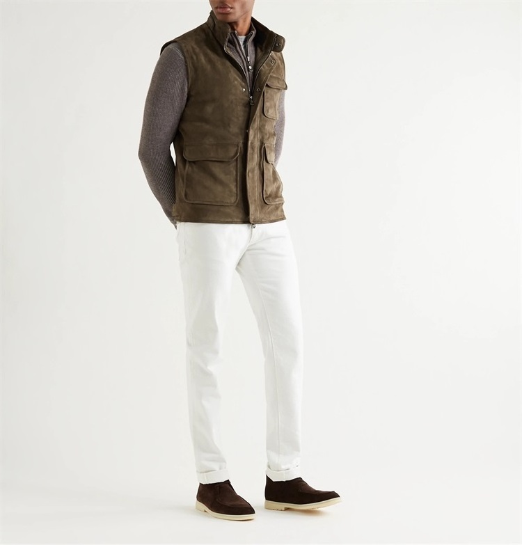 Custom men checked wool suede gilet vest with multi pockets