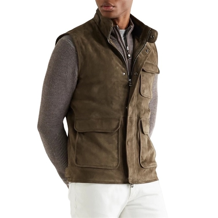 Custom men checked wool suede gilet vest with multi pockets