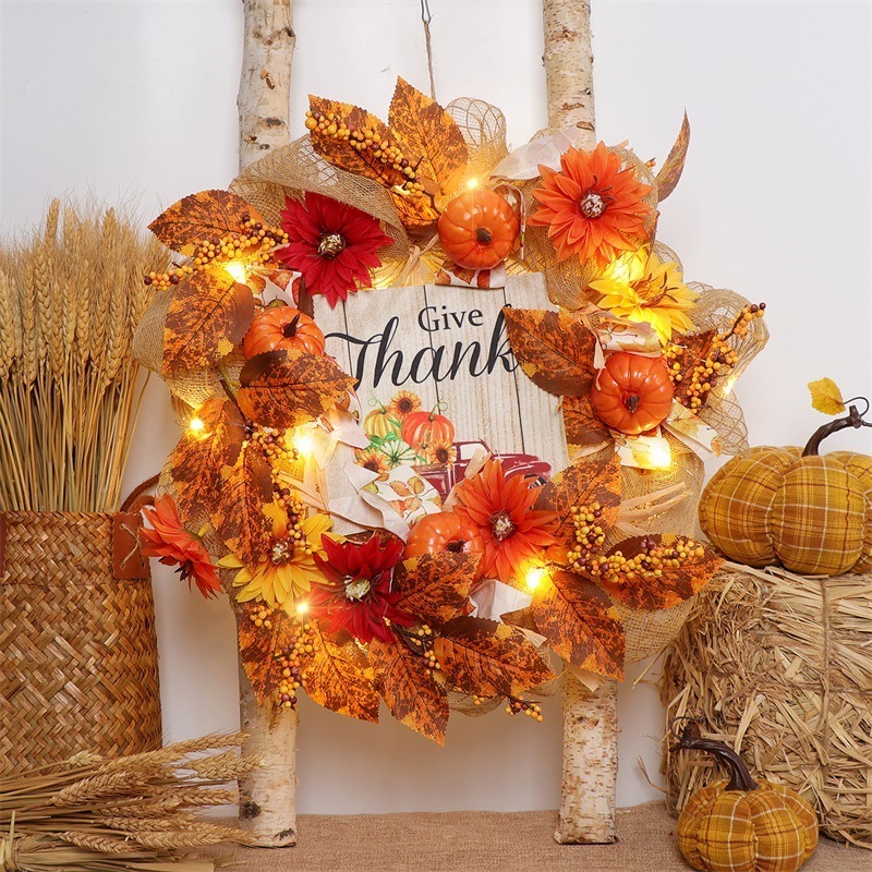 Factory Thanksgiving Decoration Autumn Fall Sunflower Garland Maple Leaves Pumpkin Name Plate Wreath Door Hanging