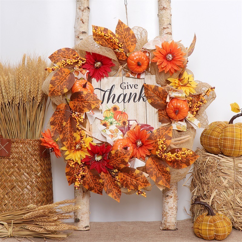 Factory Thanksgiving Decoration Autumn Fall Sunflower Garland Maple Leaves Pumpkin Name Plate Wreath Door Hanging