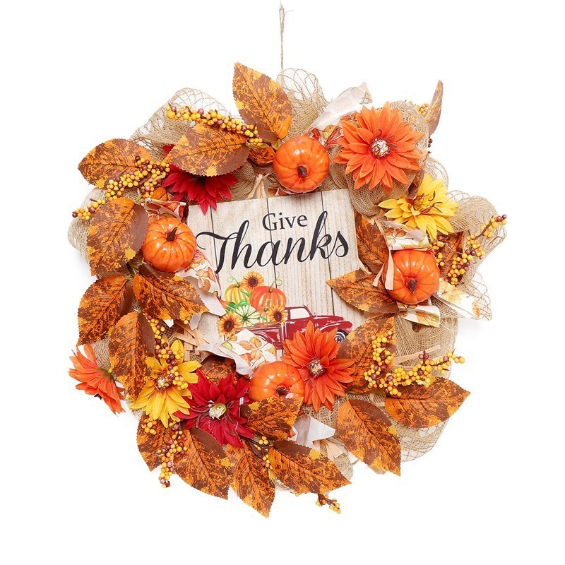 Factory Thanksgiving Decoration Autumn Fall Sunflower Garland Maple Leaves Pumpkin Name Plate Wreath Door Hanging