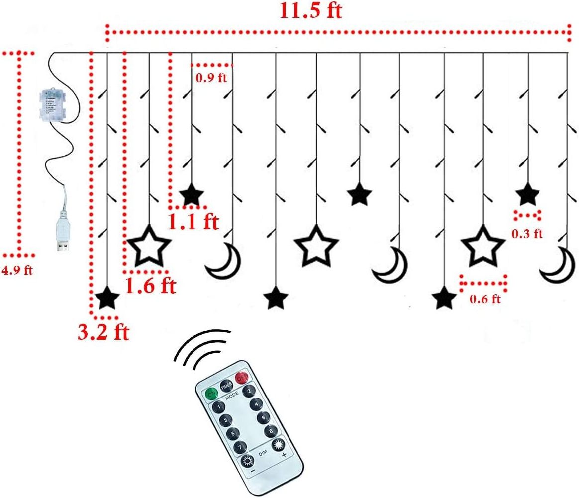 Led Curtain String Light Star Moon Icicle Light with 8 Lighting Modes with Timer Remote USB/Battery Operated