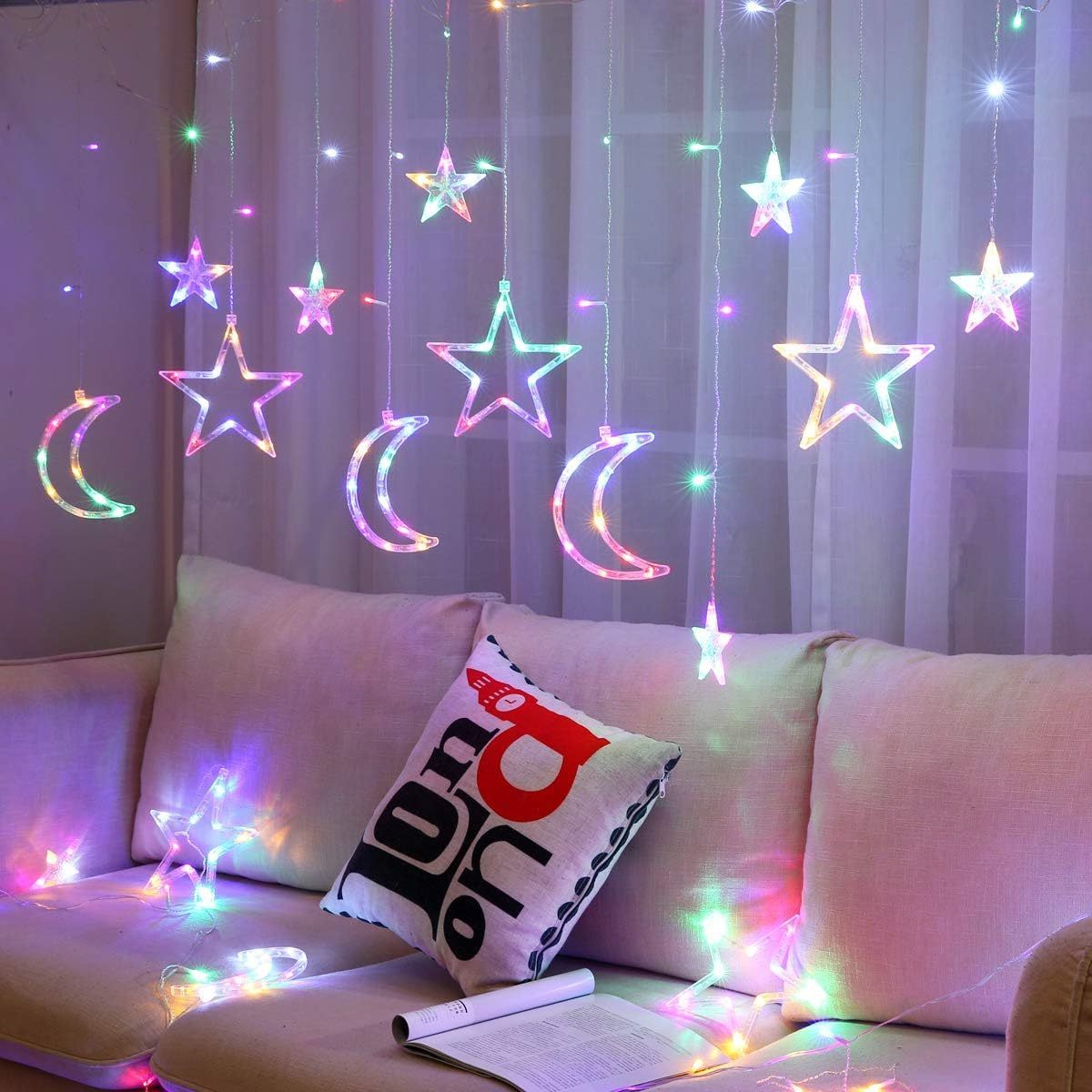 Led Curtain String Light Star Moon Icicle Light with 8 Lighting Modes with Timer Remote USB/Battery Operated