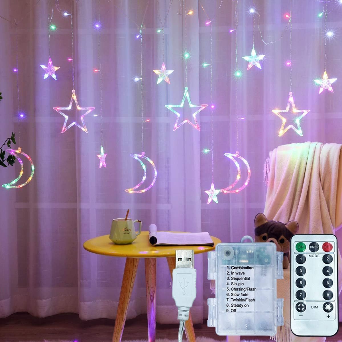 Led Curtain String Light Star Moon Icicle Light with 8 Lighting Modes with Timer Remote USB/Battery Operated