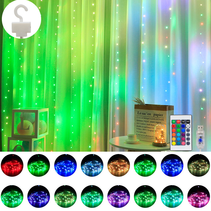 16 color Changing LED Curtain Lights Smart with Remote Control RGB Window String Lights copper wire fairy light room wall decor